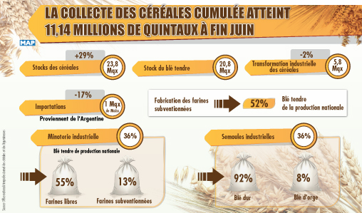 La collecte des céréales cumulée atteint 11,14 millions de quintaux à fin juin (ONICL)