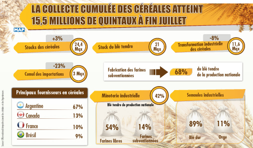 La collecte cumulée des céréales atteint 15,5 millions de quintaux à fin juillet (ONICL)