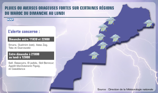 Pluies ou averses orageuses fortes sur certaines régions du Maroc du dimanche au lundi (Direction de la météorologie nationale)