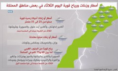 أمطار وزخات ورياح قوية اليوم الثلاثاء في بعض مناطق المملكة (نشرة خاصة)